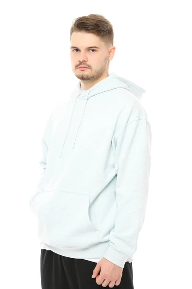 Erkek Oversize Kapüşonlu Sweatshirt Mavi Melanj - 2