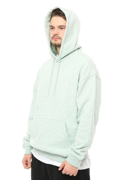 Erkek Oversize Kapüşonlu Sweatshirt Mavi Melanj - 11