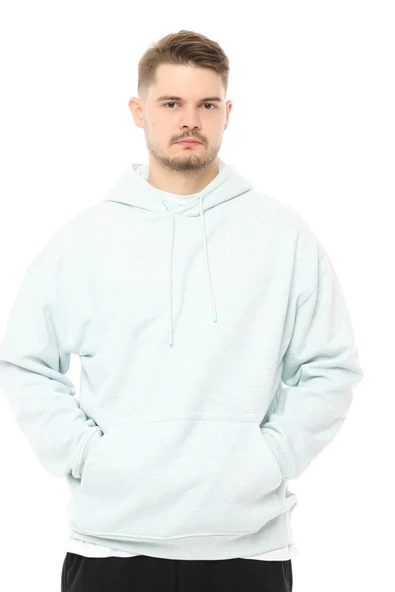 Erkek Oversize Kapüşonlu Sweatshirt Mavi Melanj