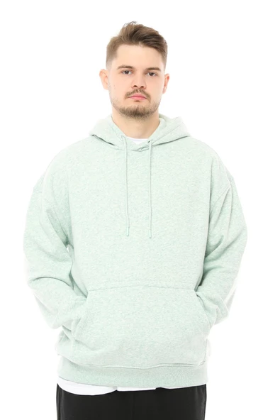 Erkek Oversize Kapüşonlu Sweatshirt Mavi Melanj - 9