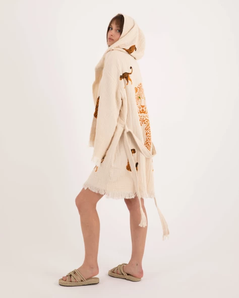 Bornoz ,Plaj Kıyafeti,Kimono , Kaftan ,Sabahlık & Leopar Desenli Kapüşonlu Kısa - 7