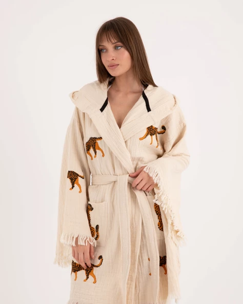 Bornoz ,Plaj Kıyafeti,Kimono , Kaftan ,Sabahlık & Leopar Desenli Kapüşonlu Kısa - 5