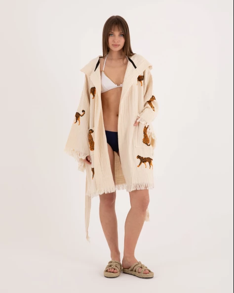 Bornoz ,Plaj Kıyafeti,Kimono , Kaftan ,Sabahlık & Leopar Desenli Kapüşonlu Kısa - 10