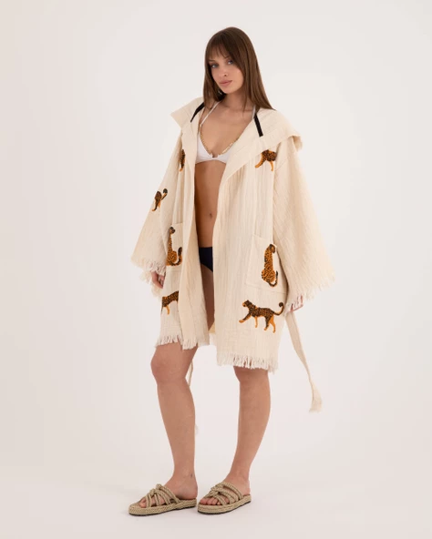 Bornoz ,Plaj Kıyafeti,Kimono , Kaftan ,Sabahlık & Leopar Desenli Kapüşonlu Kısa - 8