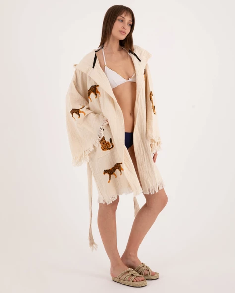 Bornoz ,Plaj Kıyafeti,Kimono , Kaftan ,Sabahlık & Leopar Desenli Kapüşonlu Kısa - 2