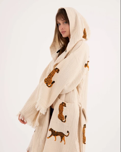 Bornoz ,Plaj Kıyafeti,Kimono , Kaftan ,Sabahlık & Leopar Desenli Kapüşonlu Kısa - 12