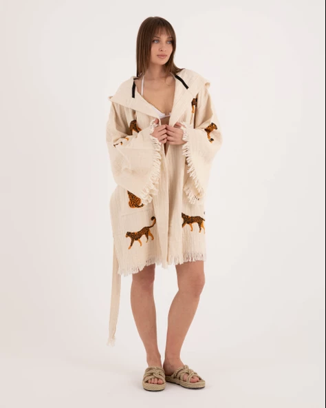 Bornoz ,Plaj Kıyafeti,Kimono , Kaftan ,Sabahlık & Leopar Desenli Kapüşonlu Kısa - 11