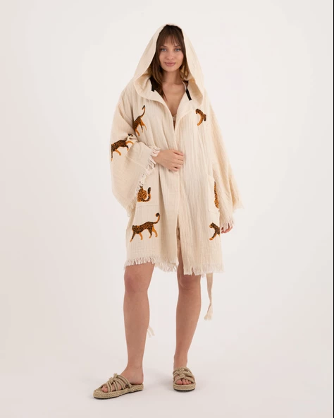 Bornoz ,Plaj Kıyafeti,Kimono , Kaftan ,Sabahlık & Leopar Desenli Kapüşonlu Kısa - 6
