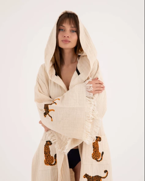 Bornoz ,Plaj Kıyafeti,Kimono , Kaftan ,Sabahlık & Leopar Desenli Kapüşonlu Kısa - 3