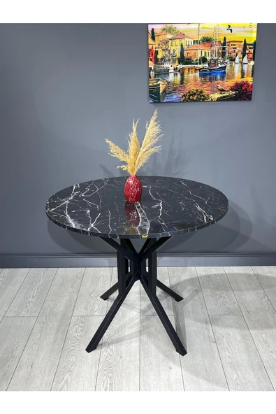 Hey Modüler Mobilya Sedef Siyah Mermer Yuvarlak Mutfak Masası Yemek Masası Balkon Masası Metal Siyah Ayak 100 Cm - 3