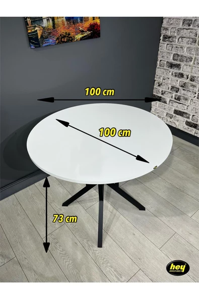 Hey Modüler Mobilya Sedef Beyaz Yuvarlak Mutfak Masası Yemek Masası Balkon Masası Metal Siyah Ayak 100 Cm - 4