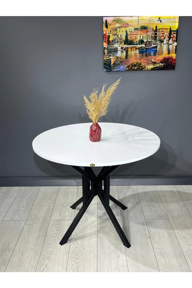 Hey Modüler Mobilya Sedef Beyaz Yuvarlak Mutfak Masası Yemek Masası Balkon Masası Metal Siyah Ayak 100 Cm - 3