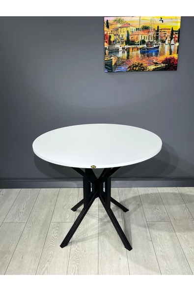 Hey Modüler Mobilya Sedef Beyaz Yuvarlak Mutfak Masası Yemek Masası Balkon Masası Metal Siyah Ayak 100 Cm - 2
