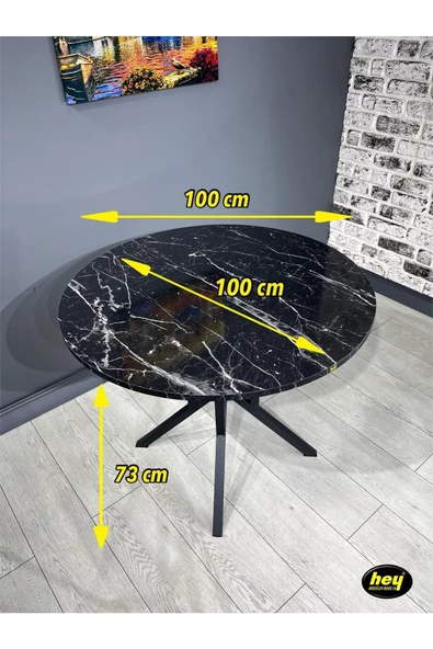 Hey Modüler Mobilya Sedef Siyah Mermer Yuvarlak Mutfak Masası Yemek Masası Balkon Masası Metal Siyah Ayak 100 Cm - 4