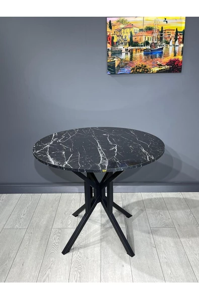 Hey Modüler Mobilya Sedef Siyah Mermer Yuvarlak Mutfak Masası Yemek Masası Balkon Masası Metal Siyah Ayak 100 Cm - 2