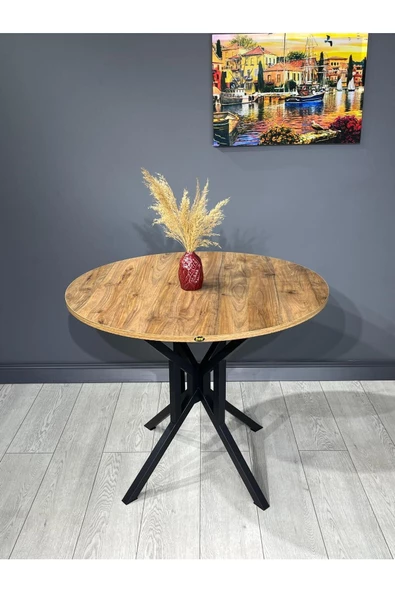 Hey Modüler Mobilya Sedef Ceviz Yuvarlak Mutfak Masası Yemek Masası Balkon Masası Metal Siyah Ayak 100 Cm - 3