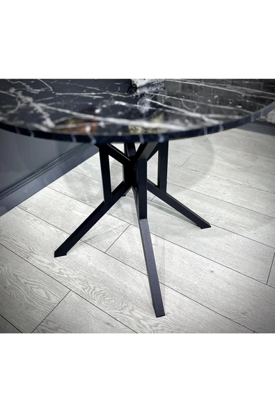 Hey Modüler Mobilya Sedef Siyah Mermer Yuvarlak Mutfak Masası Yemek Masası Balkon Masası Metal Siyah Ayak 100 Cm - 5