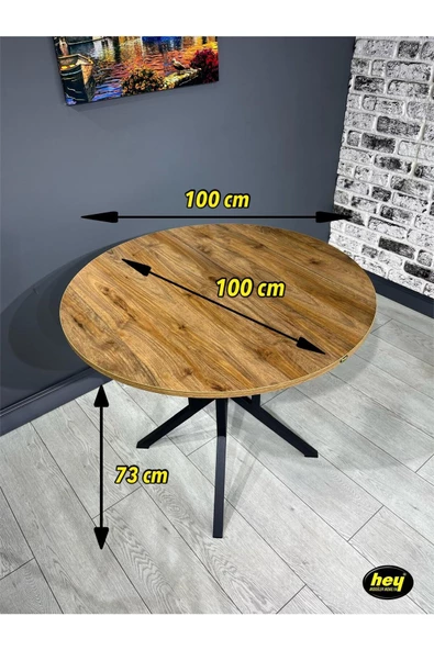 Hey Modüler Mobilya Sedef Ceviz Yuvarlak Mutfak Masası Yemek Masası Balkon Masası Metal Siyah Ayak 100 Cm - 4
