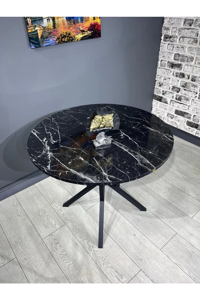 Hey Modüler Mobilya Selin Siyah Mermer Yuvarlak Mutfak Masası Yemek Masası Metal Siyah Ayak 90 Cm - 2