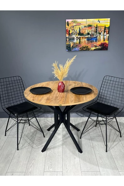 Hey Modüler Mobilya Selin Ceviz Yuvarlak Mutfak Masası Yemek Masası Metal Siyah Ayak 90 Cm - 4