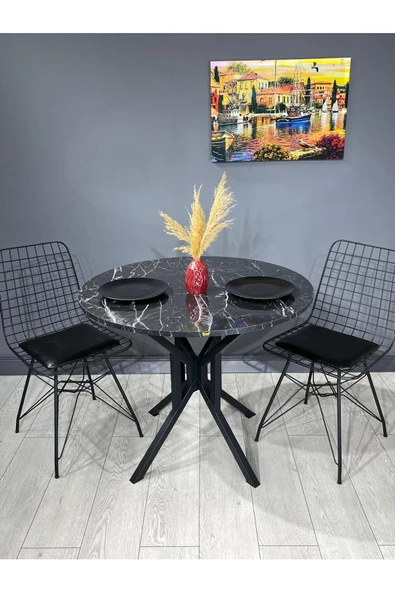 Hey Modüler Mobilya Selin Siyah Mermer Yuvarlak Mutfak Masası Yemek Masası Metal Siyah Ayak 90 Cm - 3