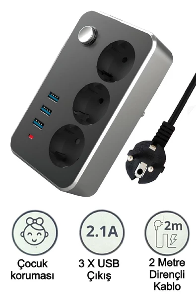 Wlue Çoklu 3lü Priz Akım Korumalı 2m Uzatma Kablosu Anahtarlı Çocuk Korumalı 3xUSB 2.1A 2500 Watt