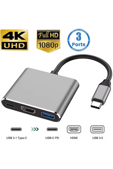 The Wlue 3in1 Type-C to 4K HDMI - USB 3.0 - Type-C PD Şarj- Çevirici 4K Dönüştürücü Adaptör