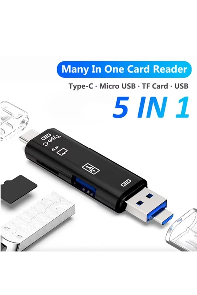 The Wlue 5İN1 OTG Kart Okuyucu USB 2.0 - Type-C - Micro USB -  Micro SD/TF Hafıza Kartı Çevirici Adaptör