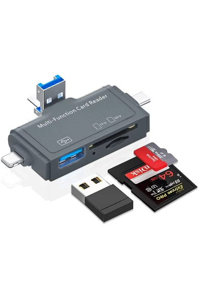 The Wlue Multi OTG Usb Ligtning iphone - iPad Uyumlu ve Type-C Girişli Kart Okuyucu Adaptör Çevirici