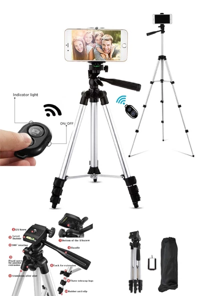 Wlue Profesyonel Fotoğraf Video Çekimi 106 Cm Tripod Telefon Tutucu Bluetooth Kumandalı Tripod