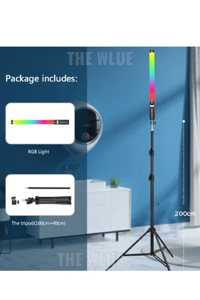 The Wlue Şarjlı 50 cm RGB Stick 114 LED Işık 2.1 M Tripodlu Kumandalı Profesyonel Selfie Fotoğraf Sahne Işığı