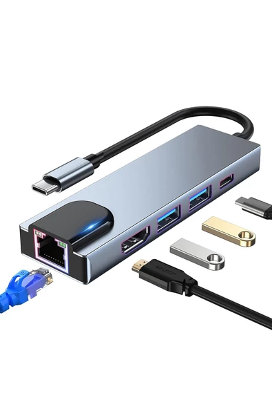 The Wlue 5in1 Type C to 4K HDMI Çevirici 2xUSB 3.0 Çoklayıcı 100W PD RJ45 Ethernet HUB Dönüştürücü