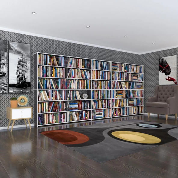 Kenzlife kitaplık süper ga gri 180*400*19 6 katlı 5 bölme çift bölme opsiyonlu ofis mutfak banyo dolabı arkalıksız