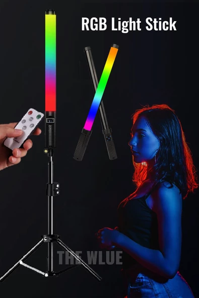 The Wlue Şarjlı 50 cm RGB Jop 114 LED Işık 2.1 M Tripodlu Kumandalı Profesyonel Selfie Stüdyo Sahne Işığı