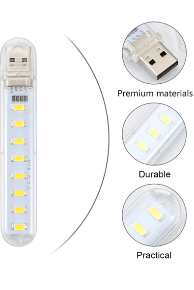 The Wlue USB 8 LED Beyaz Lamba Gece Lambası  Laptop - Powerbank Uyumlu LED Kamp Işığı