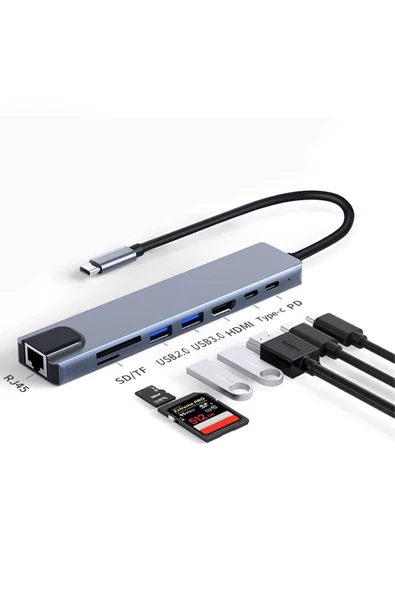 The Wlue 8in1 Type C to HDMI 4K 2xUSB Pd Hızlı Şarj Destekli SD/TF Kart Okuyucu HUB Dönüştürücü