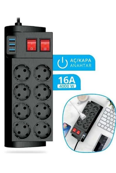 Wlue Isıya Dayanıklı Termal Akım Korumalı 2 Metre 16A 4000W 8li Priz ve 3xUSB 2.1A Uzatma Kablosu