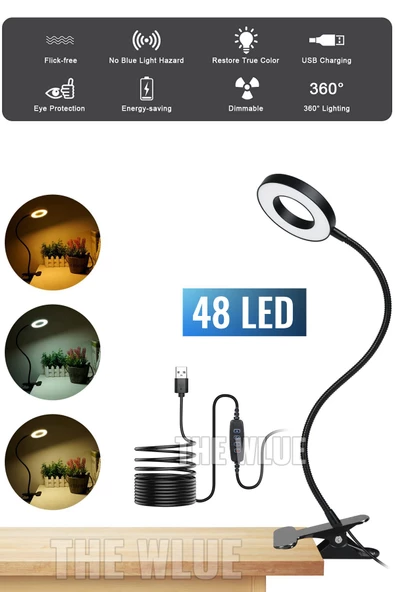 The Wlue 3in1 USB Kablolu Metal Flexible Klipsli Masa Lambası Çalışma Işığı 48 LED Ayarlanabilir Parlaklık