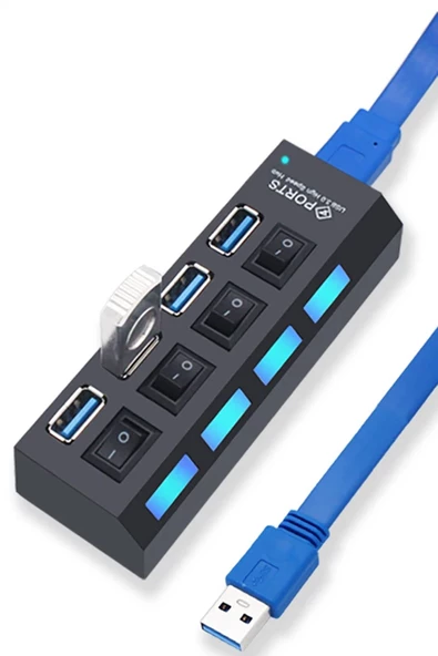 The Wlue USB 3.0 High Speed 4 Port USB Çoklayıcı Anahtarlı ve Işıklı HUB 50cm Kablo