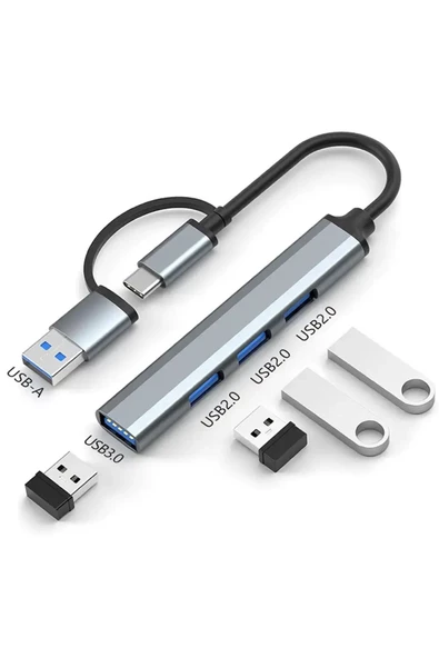 The Wlue 2in1 USB ve Type C to 4 Port USB Çoğaltıcı HUB Çevirici 1xUSB 3.0 - 3xUSB 2.0