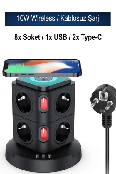 The Wlue 8'li Akım Korumalı Priz Çoğaltıcı 10W Kablosuz Şarj 1X USB 2x Type-C 2m Uzatma Kablosu