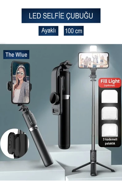 The Wlue Ultra Thin 3in1 Bluetooth Kumandalı Ayaklı LED Selfie Çubuğu 100 cm Kompakt Tasarım