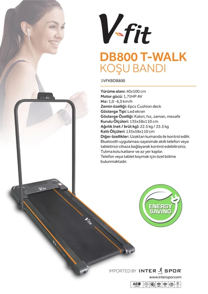 V-Fit By Voit DB800 T-Walk Koşu  Bandı  Uzaktan Kumandalı-Enerji Tasarruflu-Bluetooth Uygulaması ile Kontrol - 7