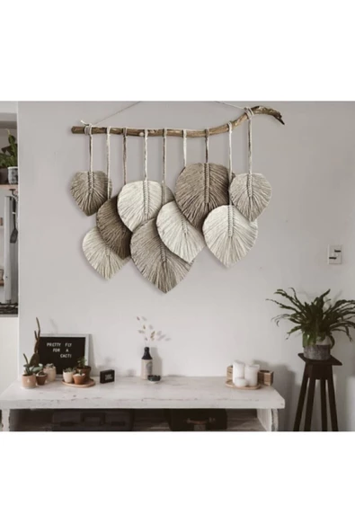 Makrome Yaprak Duvar Dekorasyonu Bahçe Salon Balkon Mutfak Ev Aksesuarı Bej Kahve - 2