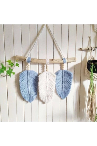 Ekru Mavi El Yapımı Makrome Duvar Ürünü