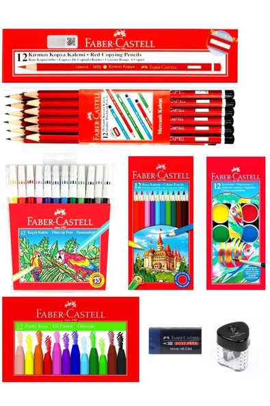 Faber-castell Mercanlı Kurşun Kalem Kırmızı Kalem Ve 12 Li Kuru Sulu Keçeli Pastel Boya