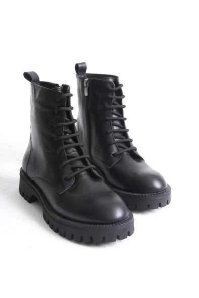 Kadın Hakiki Deri Bağcıklı Kalın Tırtıklı Taban Yuvarlak Burun Kısa Günlük Postal Chelsea Bot - Resim 8