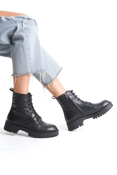 Kadın Hakiki Deri Bağcıklı Kalın Tırtıklı Taban Yuvarlak Burun Kısa Günlük Postal Chelsea Bot - Resim 6