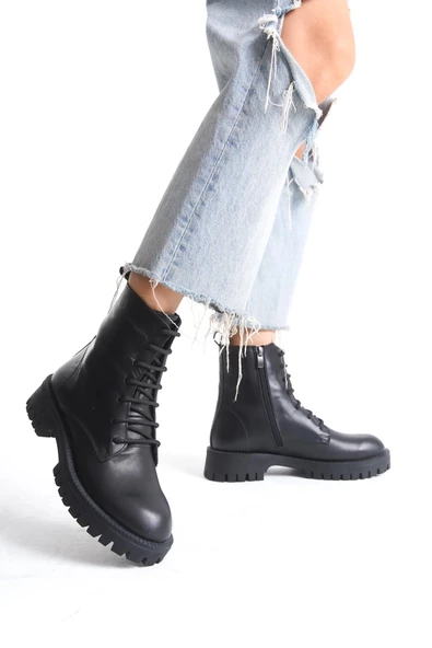 Kadın Hakiki Deri Bağcıklı Kalın Tırtıklı Taban Yuvarlak Burun Kısa Günlük Postal Chelsea Bot - Resim 5