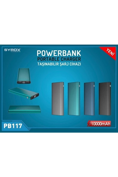 SYROX Powerbank 10.000 Mah. Led Slim Metal (Mavi Renk) Pb117